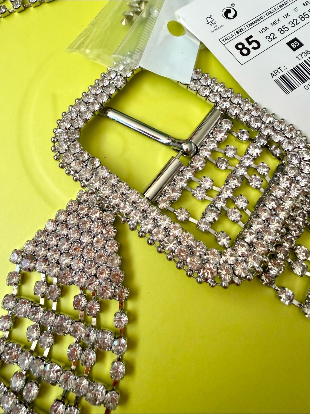 Zara Silver Rhinestone Mesh Wide Belt with Crystal Buckle – Size 85, Brand New